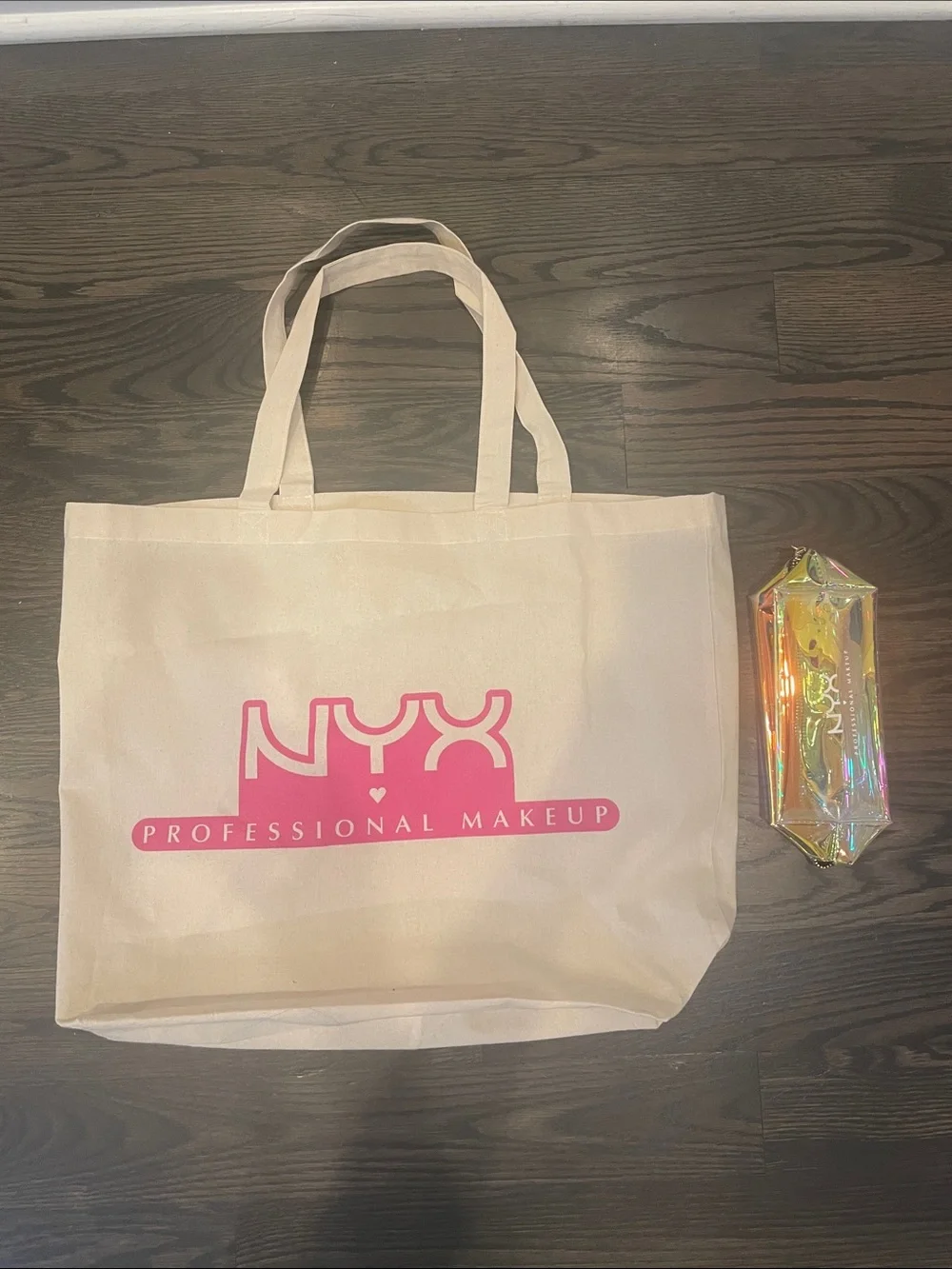 NYX Cream Canvas Tote with Pink Logo and matching makeup bag 18 x 15